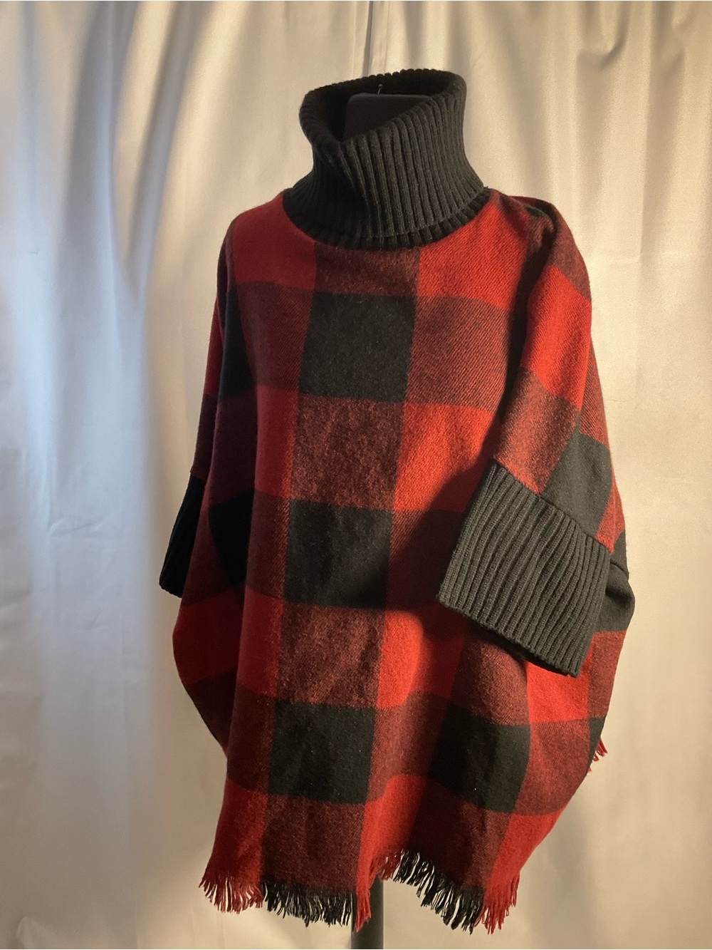Sonoma Red and Black Buffalo Plaid Turtleneck Poncho Sweater